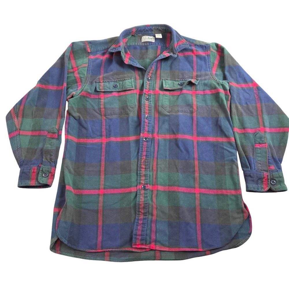 Vintage LL.Bean Chamois Cloth Shirt Mens L Tall Green Plaid Flannel Button Up